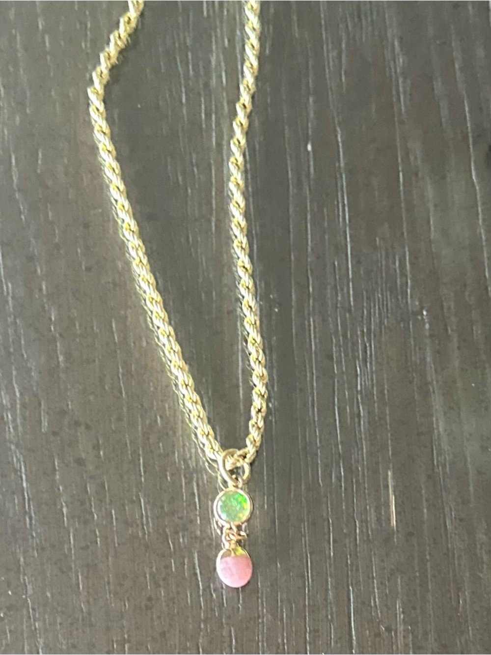 Solid 14k rope chain necklace with gemstone charm